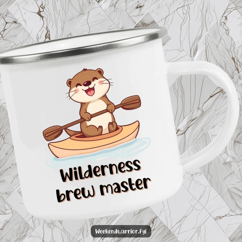 Funny camping mug with a delighted otter balancing on a kayak, paddle in hand, ideal for outdoor enthusiasts seeking humor.
