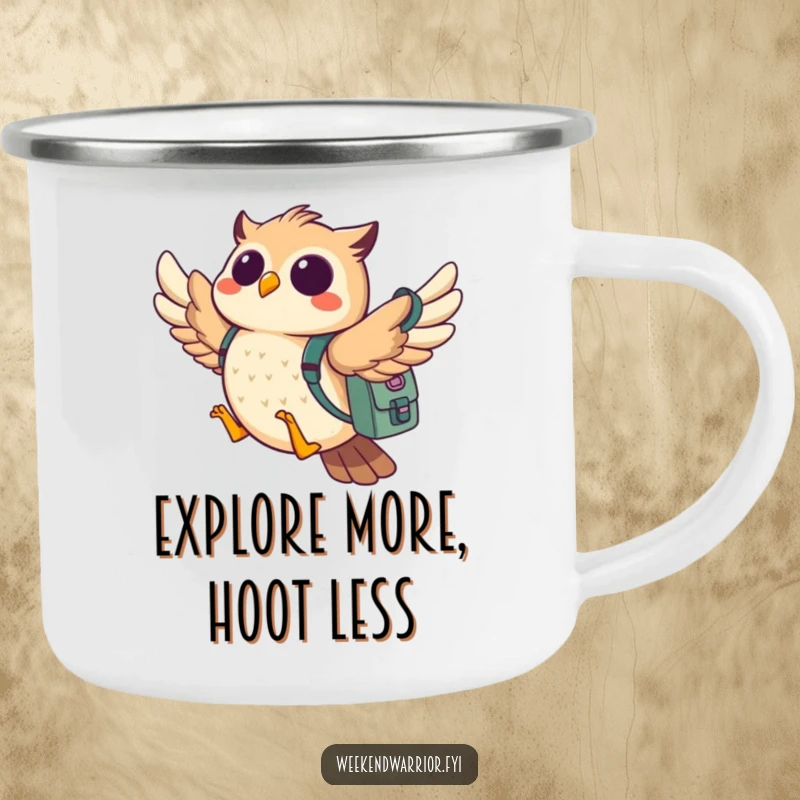Funny owl camping mug featuring a cheerful owl flying with a backpack, ready for any outdoor adventure.