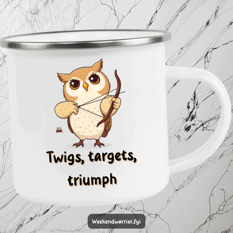 Funny camping mug with a focused owl character practicing archery with a tiny twig bow, perfect for outdoor concentration.