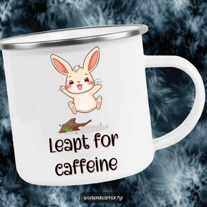 Funny camping mug showcasing a rabbit's energetic, victorious leap over a twig, built for outdoor fun.