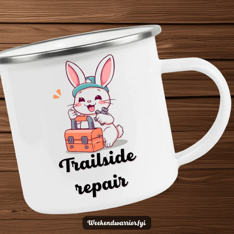 Funny camping mug: A playful rabbit with a toolbox tightening a bolt, ready for outdoor adventures.