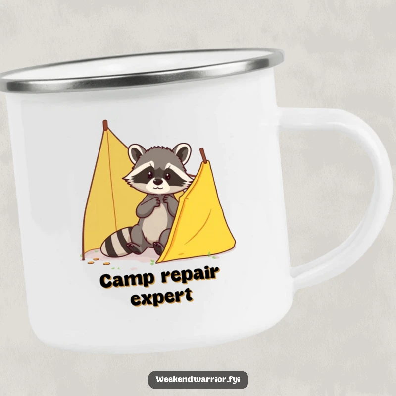 Funny Raccoon Camping Mug with a brave raccoon patching a small tent tear, perfect for outdoor use.