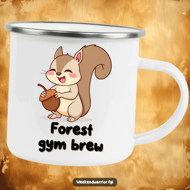 Funny squirrel muscle camping mug showing a giggling squirrel flexing its arm muscles after lifting an acorn, ideal for outdoor trips.