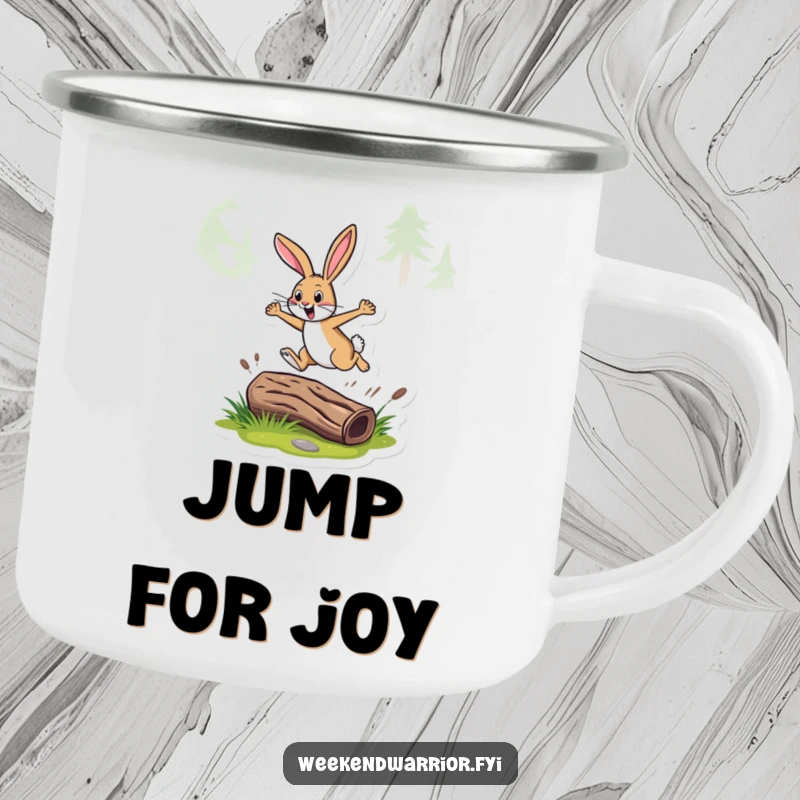 Funny camping mug with an energetic rabbit leaping over a log on a trail, embodying outdoor spirit and humor.