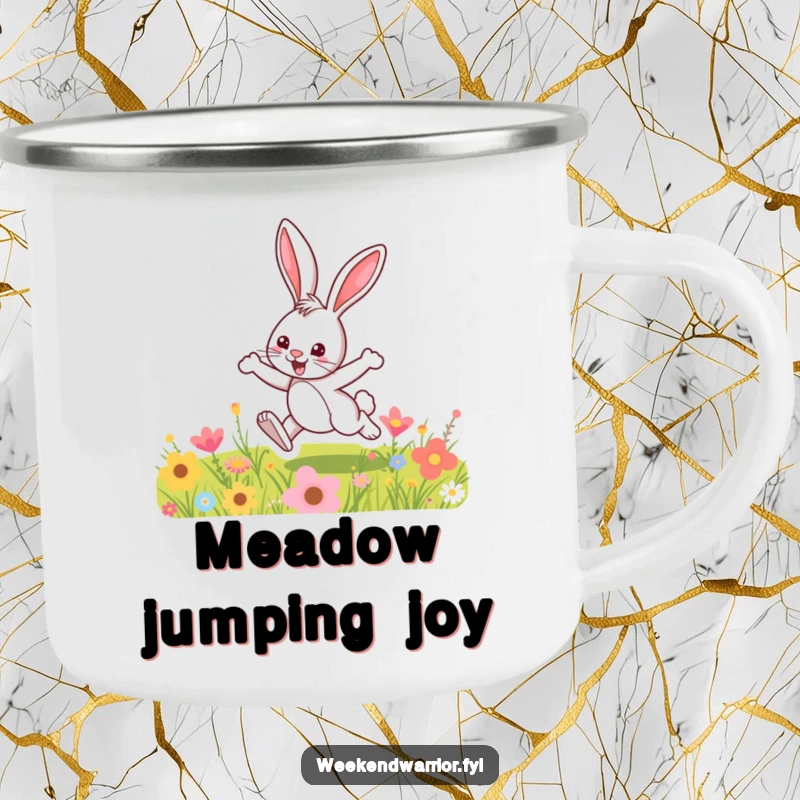 Funny camping mug featuring a fun cartoon bunny hopping over a colorful meadow, perfect for outdoor enthusiasts seeking cheer.