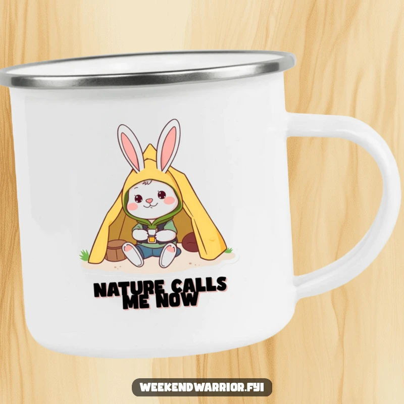Funny camping mug featuring a cheerful rabbit in camping gear setting up a tent, built for outdoor exploration.