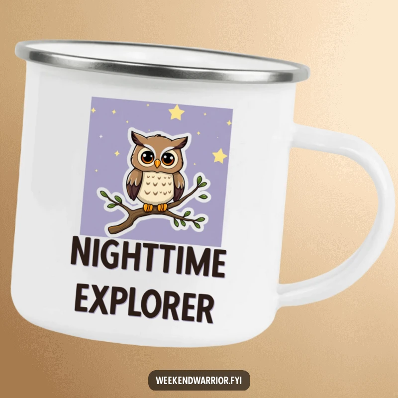 Funny camping mug featuring a curious cartoon owl perched on a branch under a starry night, perfect for outdoor enthusiasts.