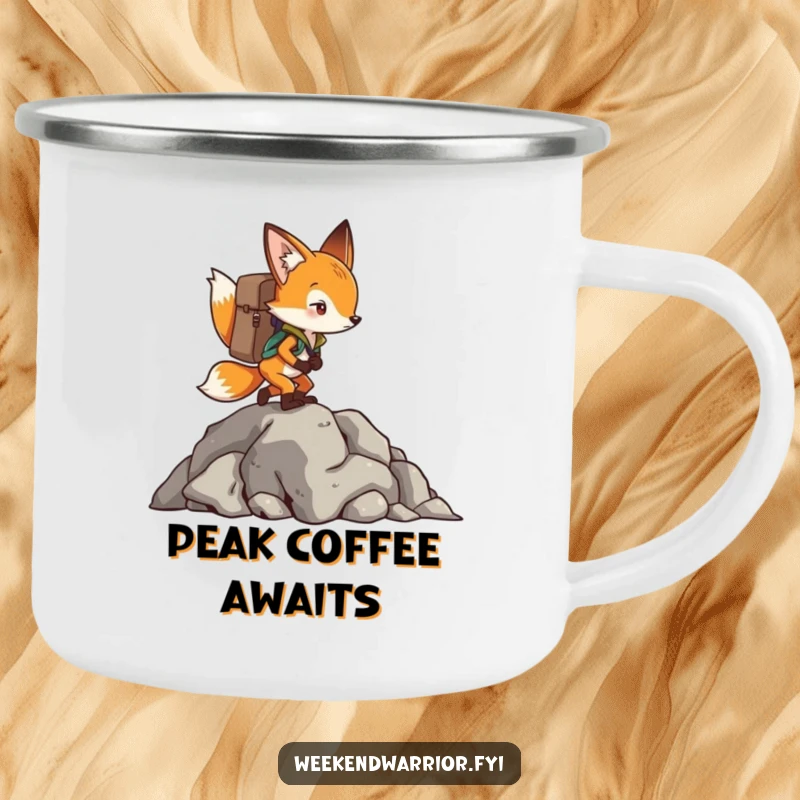 Funny Fox Camping Mug with a backpack, climbing a rocky outcrop, ready for morning brews.