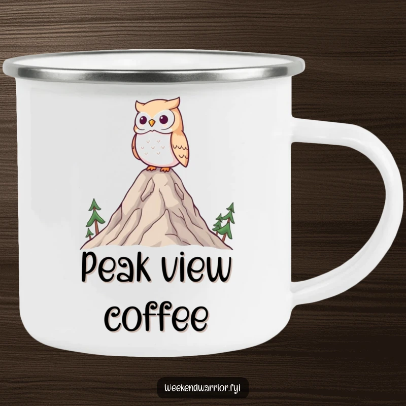 Funny Kawaii owl camping mug, a wise owl surveying a landscape from a tiny mountain, perfect for outdoor contemplation.