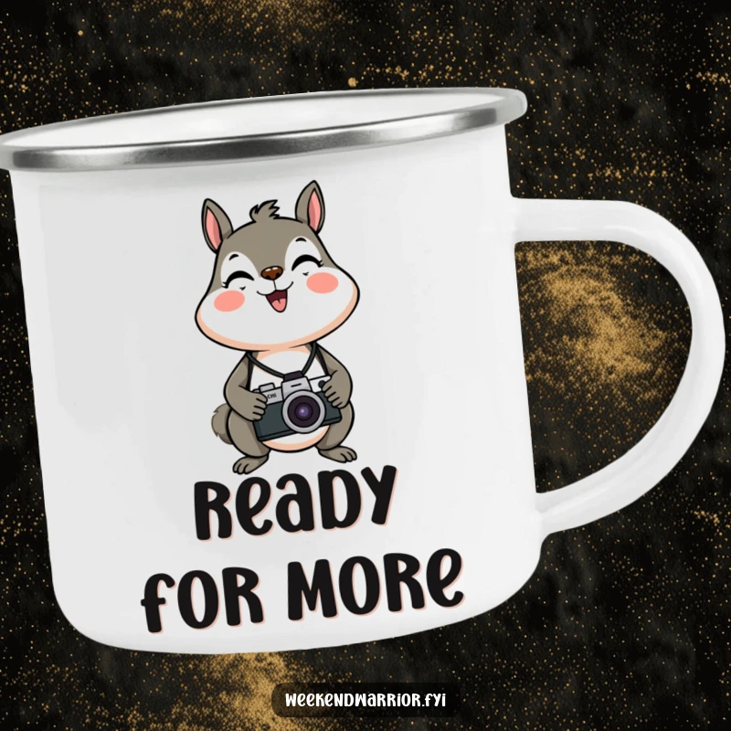 Funny, energetic squirrel with a camera around its neck featured on a camping mug.