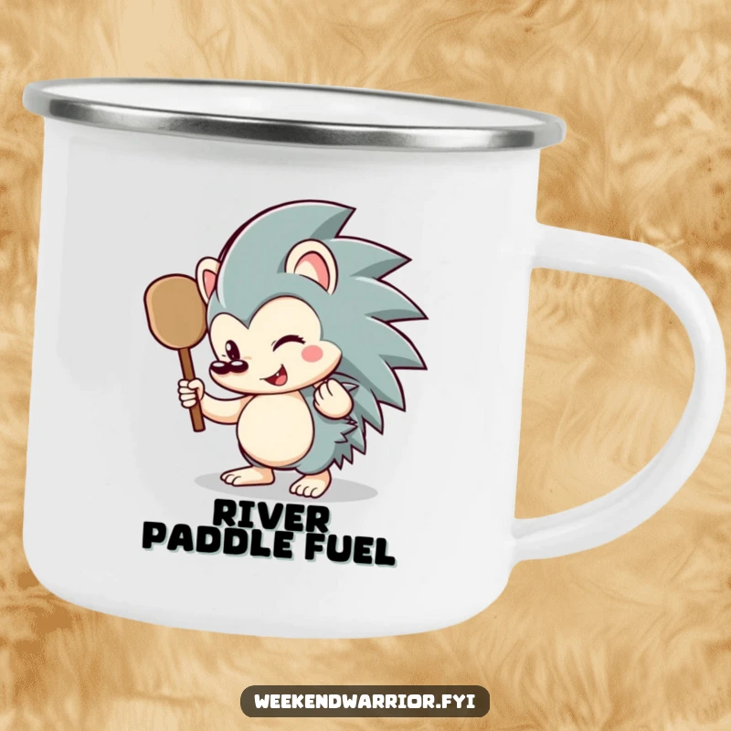 Funny hedgehog camping mug with a happy hedgehog character holding a small paddle, designed for outdoor enthusiasts.