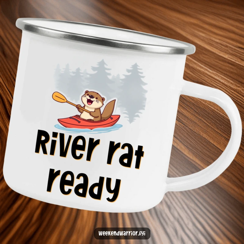 Funny otter in a kayak with a paddle, expressing excitement, a humorous camping mug.