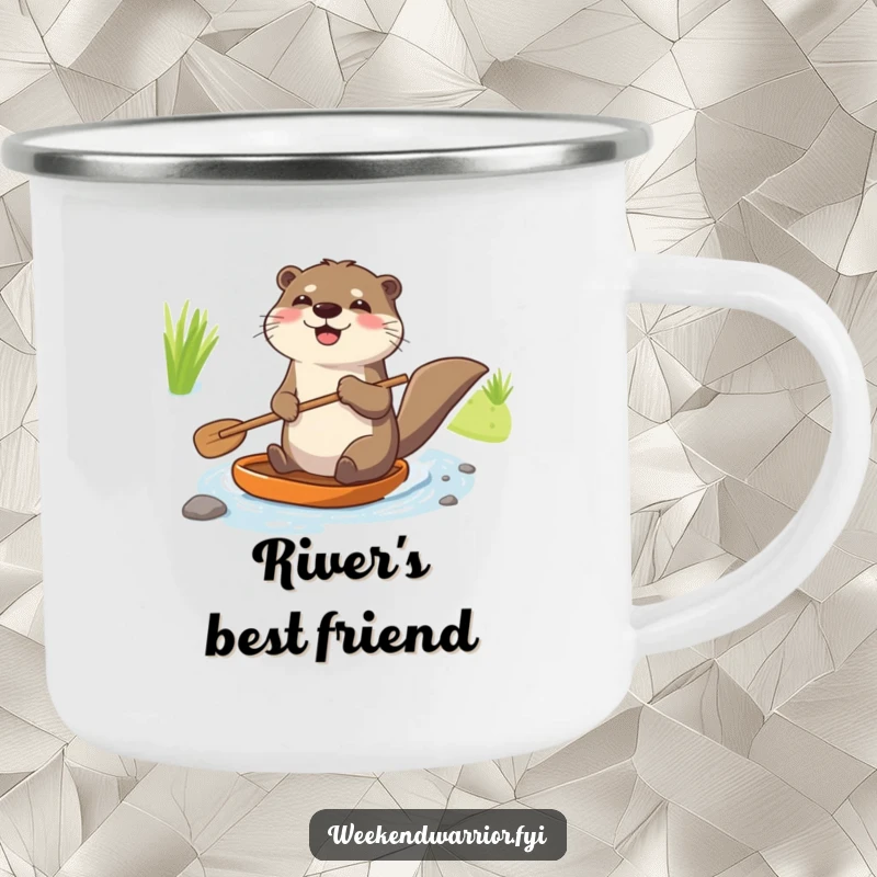 Funny camping mug with a joyful otter holding a paddle and navigating a tiny stream, perfect for outdoor fun.