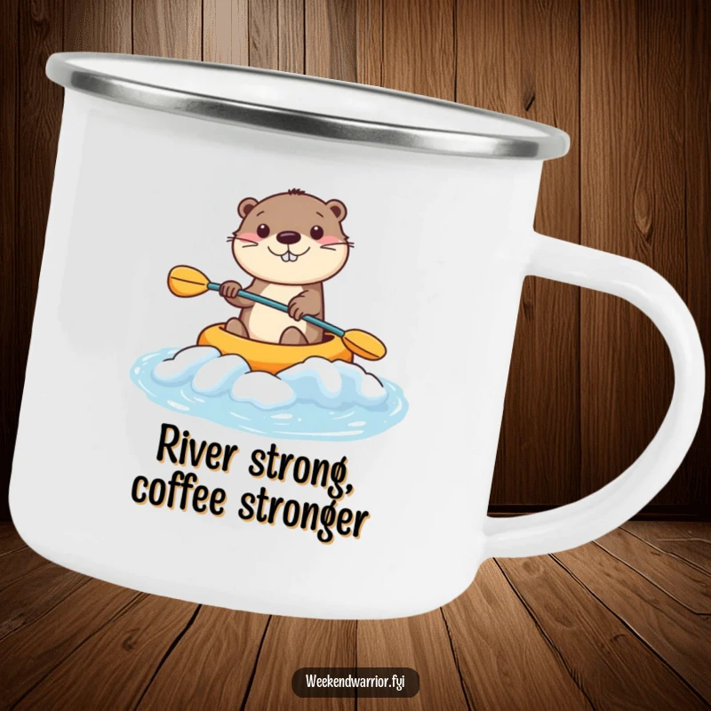 Funny Kawaii Otter Camping Mug with a smiling character kayaking rapids, perfect for joyful, humorous outdoor sips. Great funny gift.