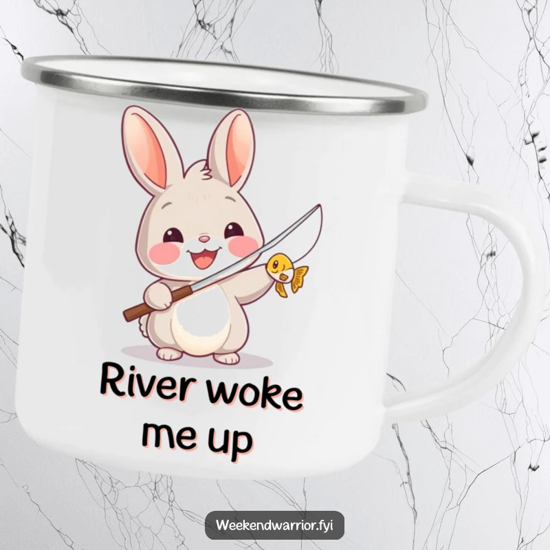 Funny camping mug featuring a triumphant rabbit with a fishing rod and a tiny fish, perfect for outdoor enthusiasts.