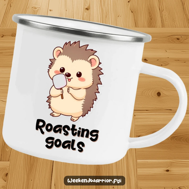 Funny kawaii hedgehog camping mug, holding a marshmallow on a stick, ready to roast, outdoorsy and cheerful.