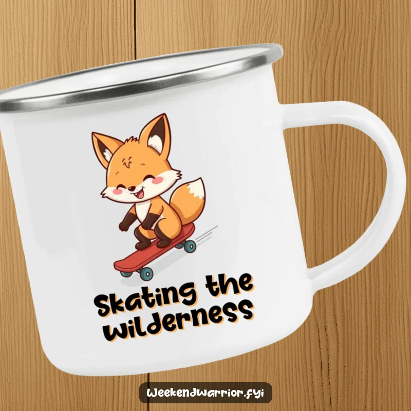Funny camping mug featuring a fox skateboarding downhill with a grin, perfect for enjoying drinks outdoors with wild humor.