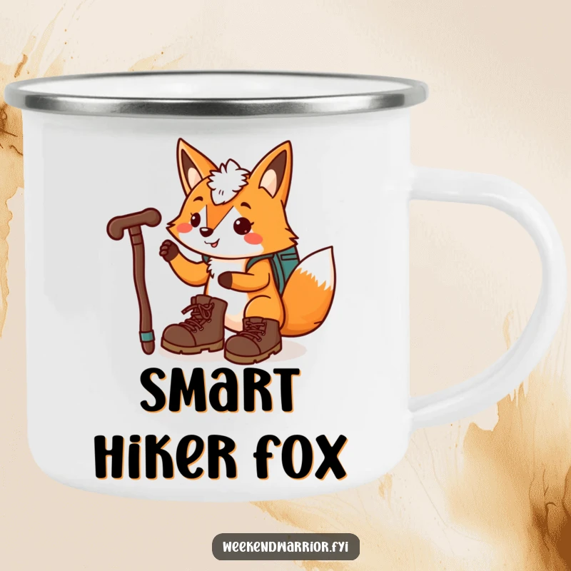 Funny, playful fox in hiking boots and with a walking stick featured on a camping mug.