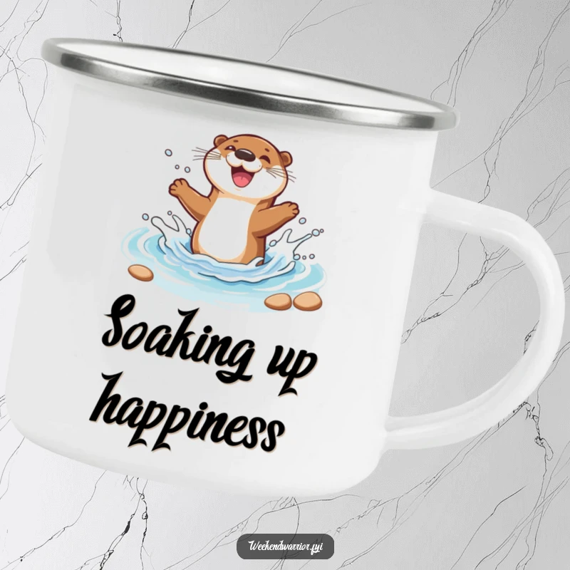 Funny camping mug featuring a joyful cartoon otter splashing in a stream, perfect for outdoor enthusiasts seeking fun.