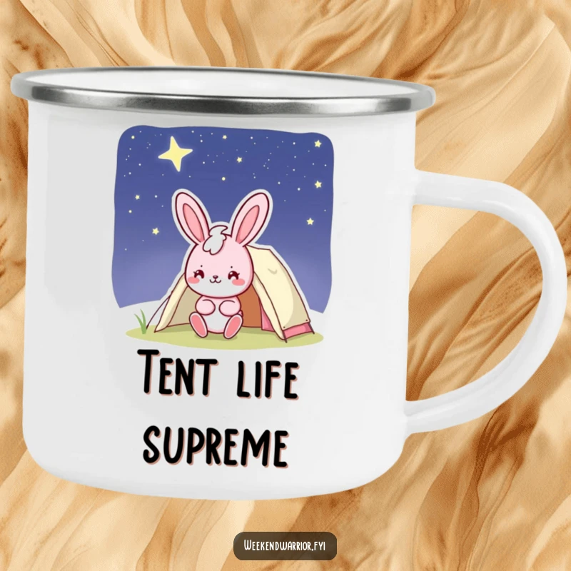 Funny bunny camping mug with a cheerful pink character confidently smiling while setting up a tent under a starry night sky, for humorous adventures.