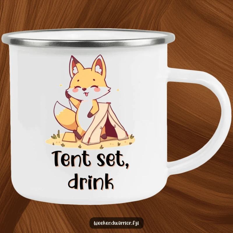 Funny Kawaii Fox Camping Mug: A rugged cartoon fox triumphantly plants a small tent, ready for campfire stories and laughs.