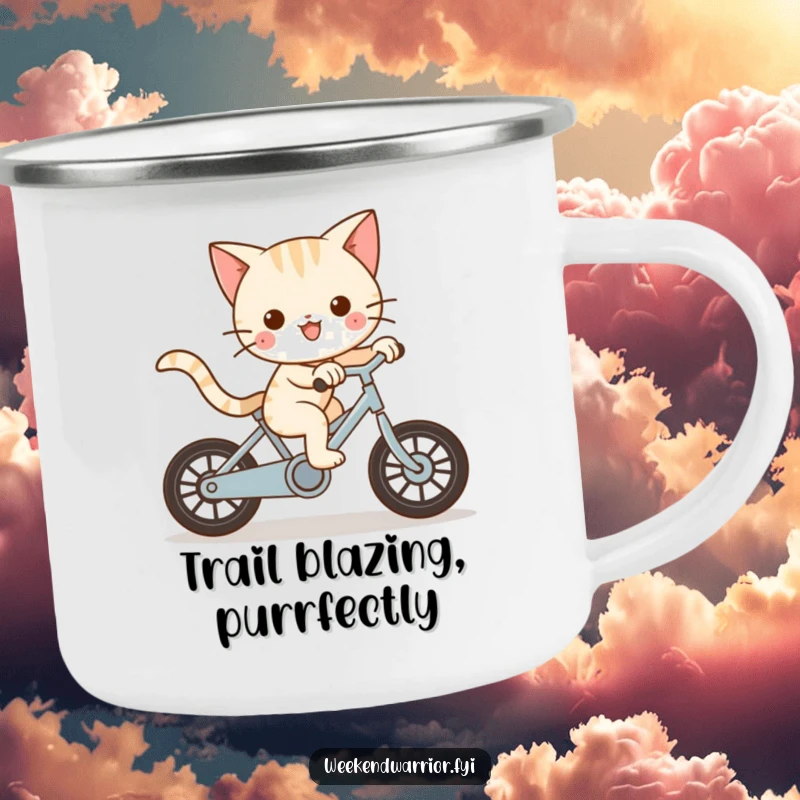 Funny Kawaii cat character riding a bike with great speed on a durable camping mug, looking gleeful.