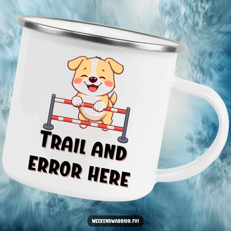 Funny dog camping mug featuring a giggling dog navigating a challenging tiny obstacle course, perfect for outdoor enthusiasts.