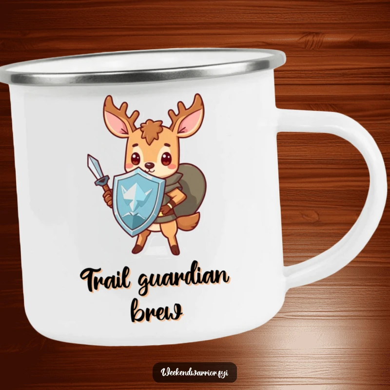 Funny Kawaii deer camping mug, showing a brave warrior with a sword and shield, ready for outdoor escapades.