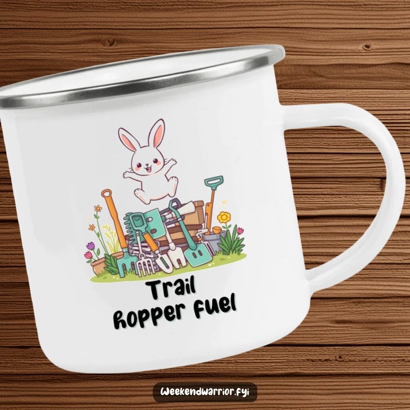 Funny camping mug with a determined rabbit character leaping over gardening tools, perfect for outdoor use.