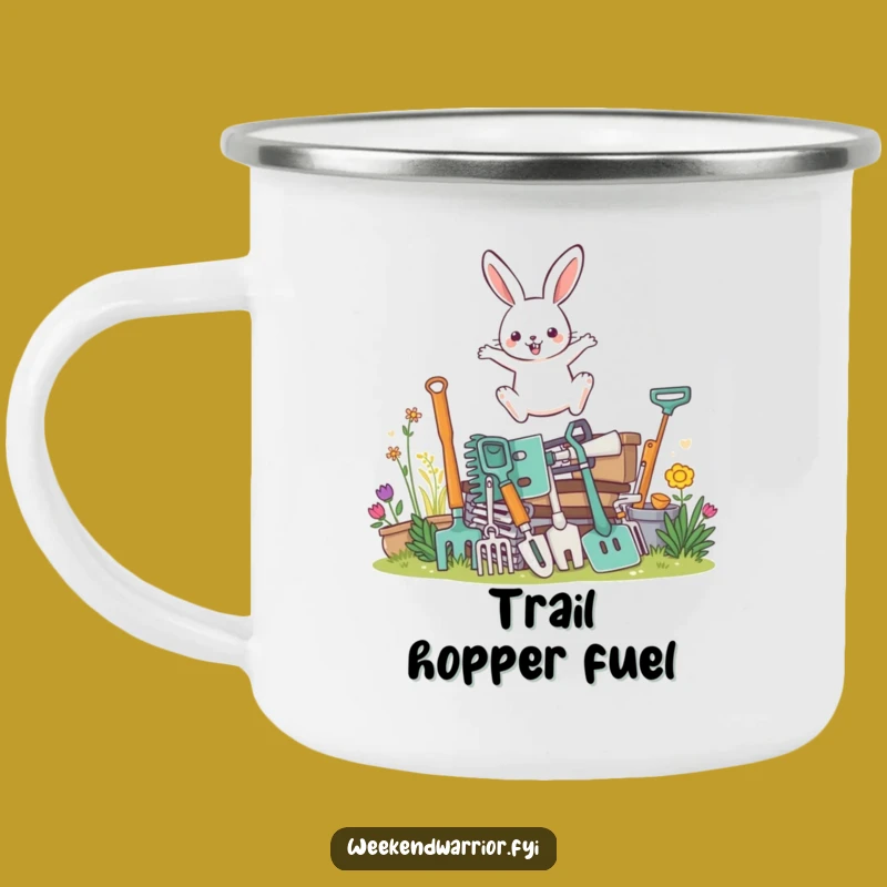 Funny Rabbit Gardener Camping Mug: Outdoor Adventures, Humorous Leaping Design