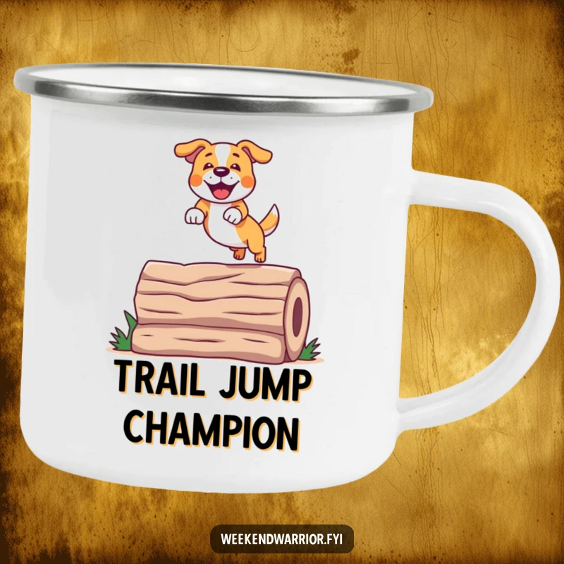 Funny Jumping Dog Camping Mug with a cheerful dog leaping over a log, perfect for outdoor use.