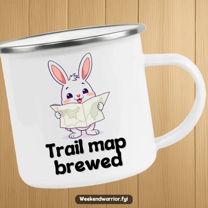 Funny Bunny Camping Mug holding a large map, looking resolute, ready for outdoor adventures.