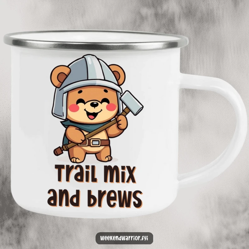 Funny camping mug featuring a happy bear with a helmet and hammer, designed for builders on the go.