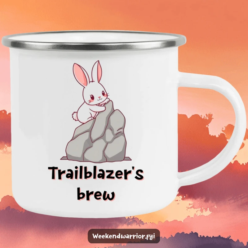 Funny kawaii rabbit with determined paws scaling a miniature rock face, on a durable camping mug. Great for adventurers.