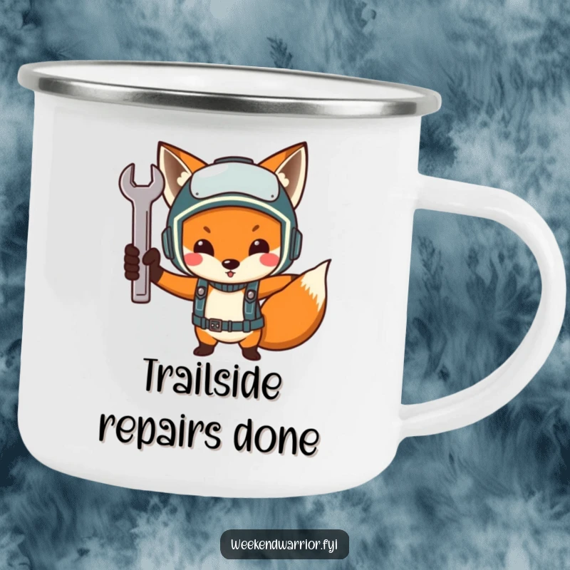 Funny Determined Fox Camping Mug, a fox in a helmet holding a wrench, perfect for outdoor drinks and determined moments.