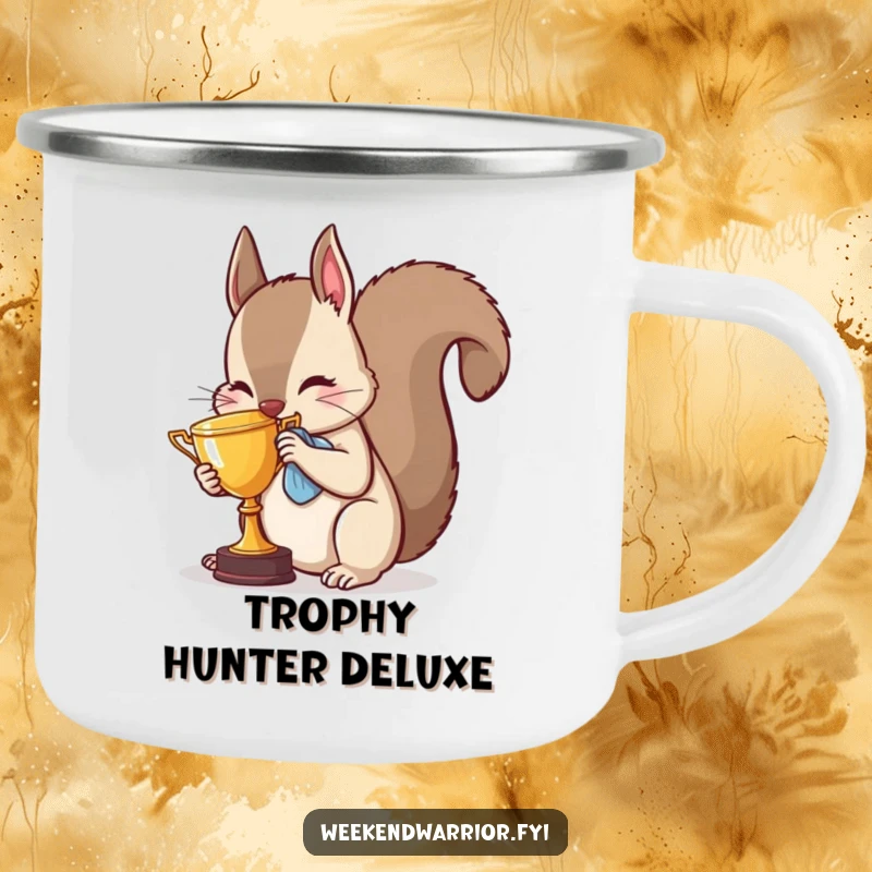 Funny squirrel camping mug showing a happy animal polishing a tiny trophy, perfect for outdoor enthusiasts and winners.