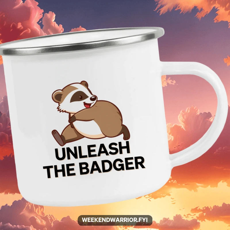 Funny camping mug with a playful badger stretching, embodying the spirit of outdoor adventure and morning exercise.