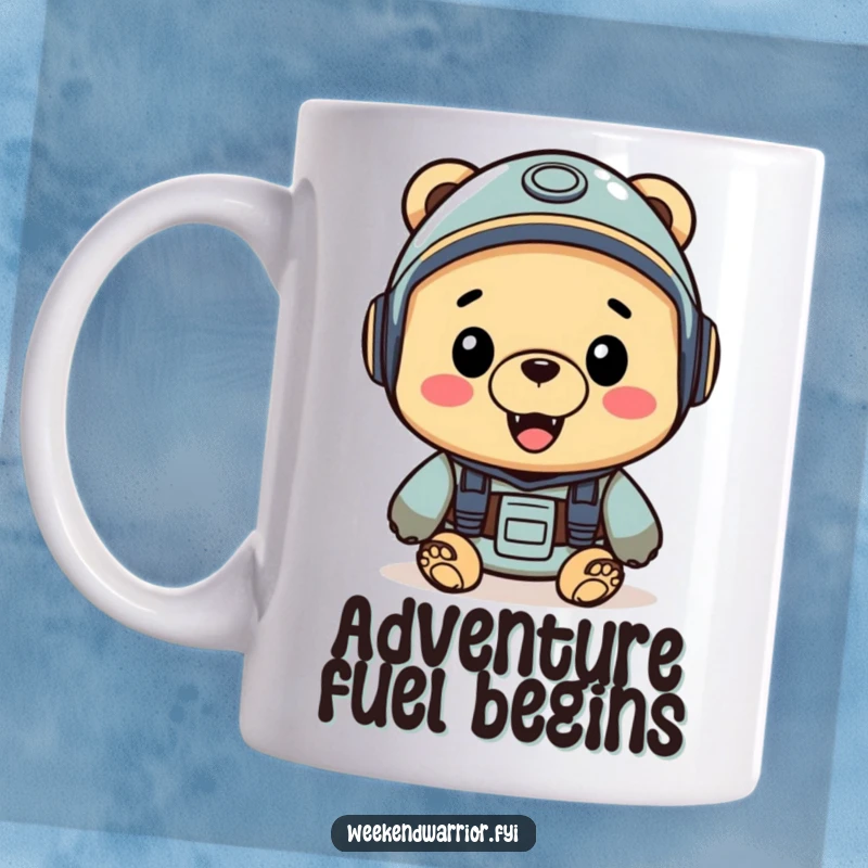 Funny mug featuring a cheerful bear wearing a helmet, looking eager and ready for any exciting adventure.