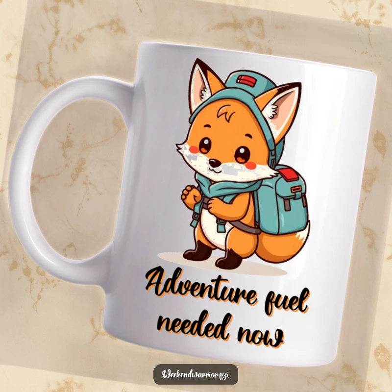 Funny fox with a backpack full of camping gear, ready for a hike, on a humorous mug.