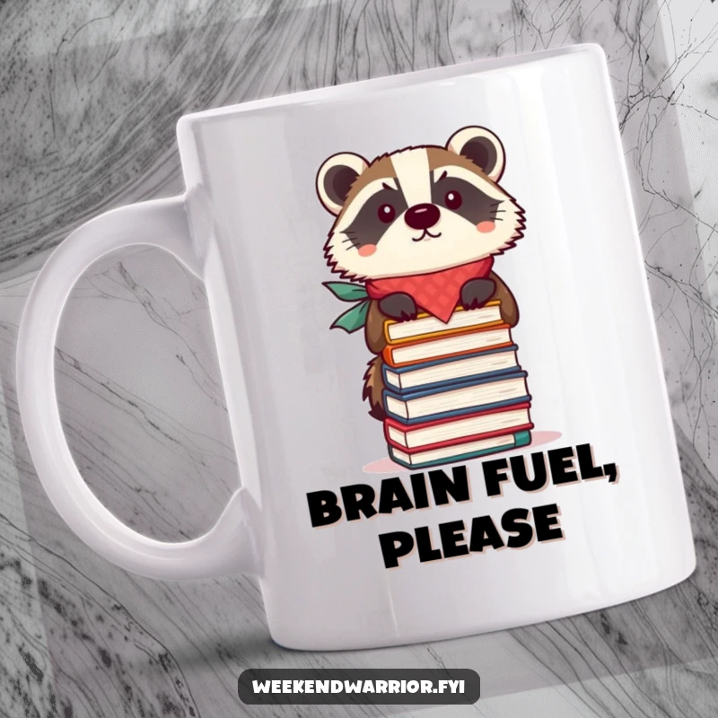 Funny mug featuring a focused badger wearing a bandana, expertly balancing a tall stack of books, symbolizing intelligence.