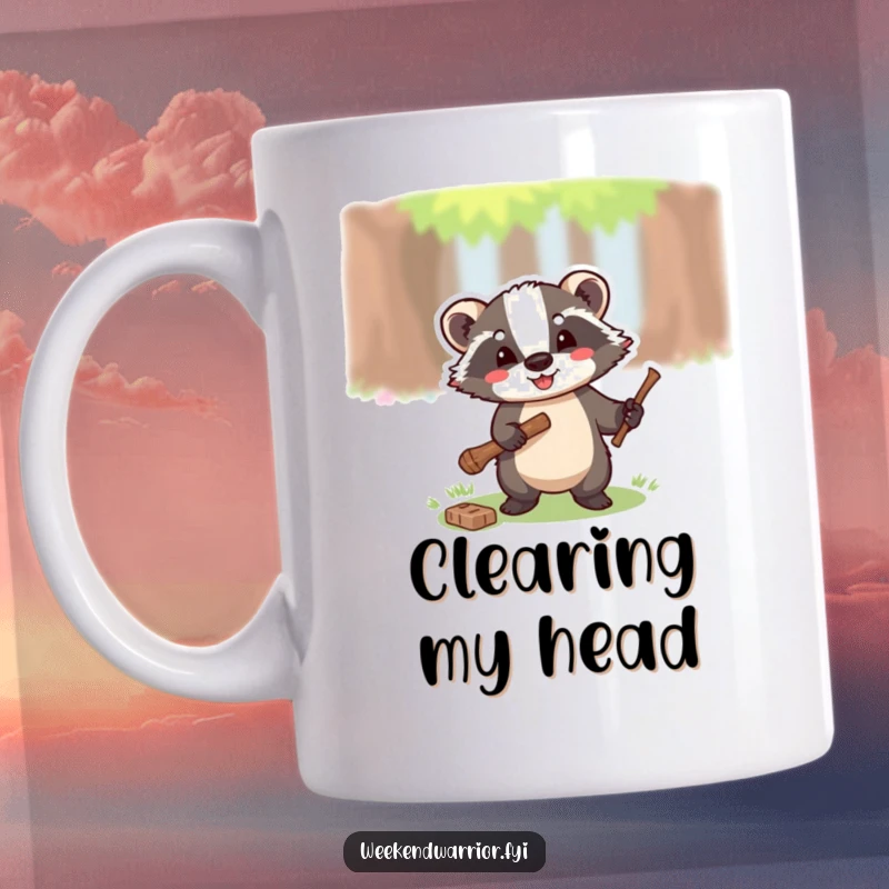 Funny mug showing a happy badger energetically wielding a small axe to chop a twig, embodying determination.