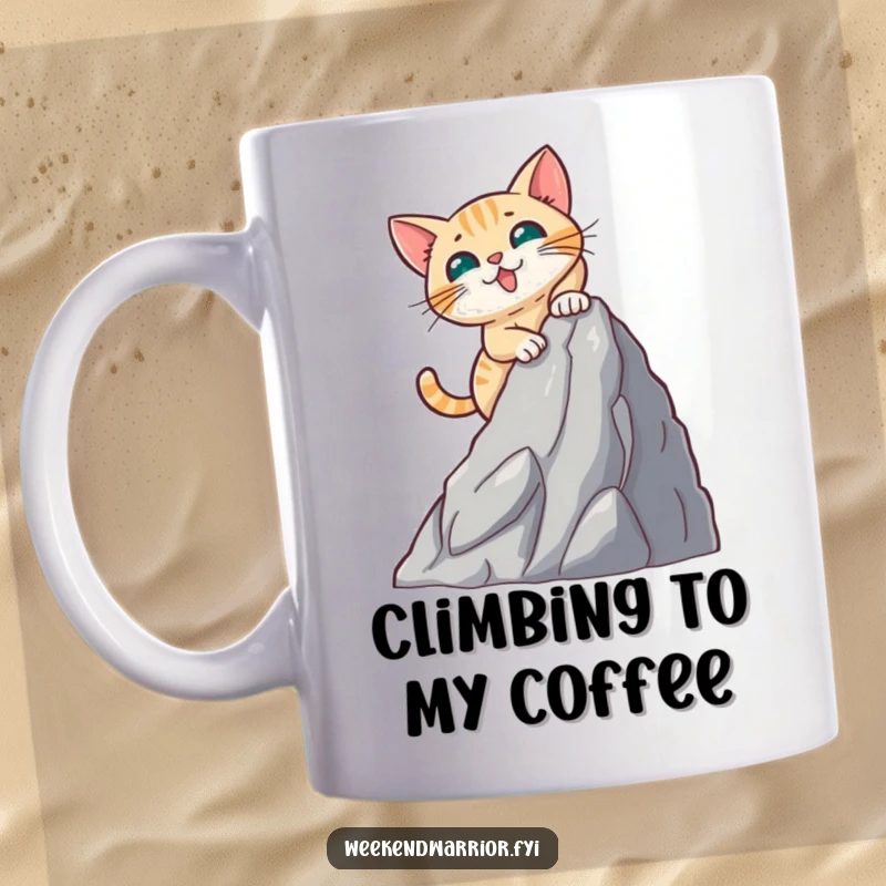 Funny mug graphic of a courageous cat enthusiastically scaling a small, artificial rock face with determination and agility.