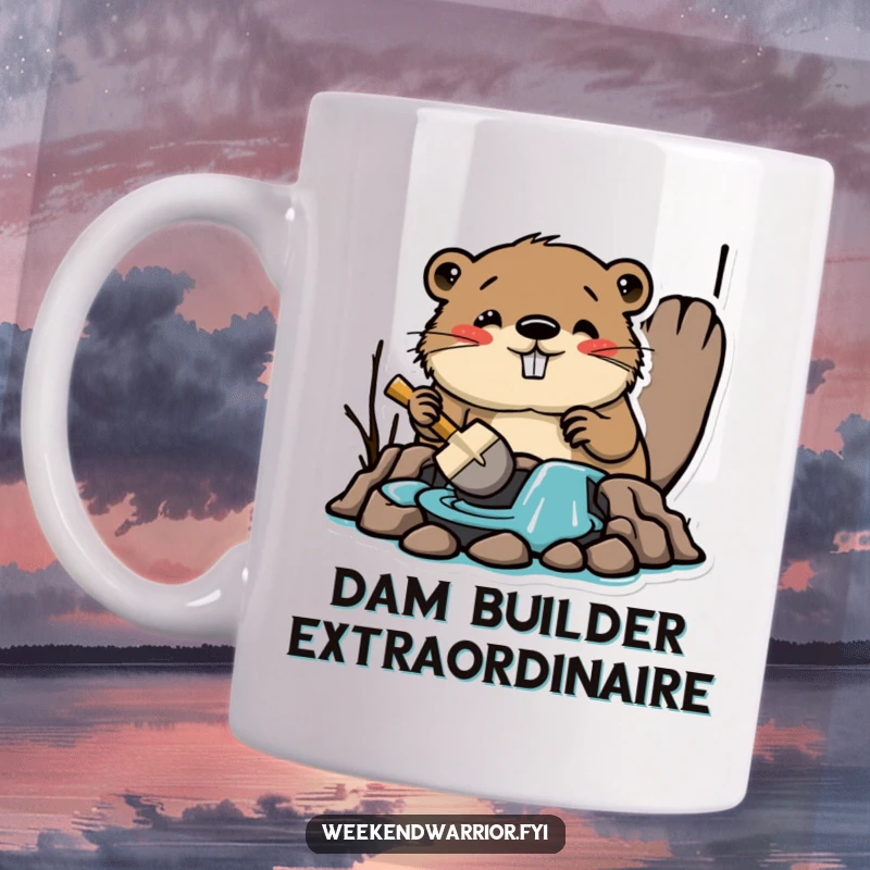 Funny mug depicting an amused beaver diligently building a dam with a tiny shovel, looking focused and cheerful.