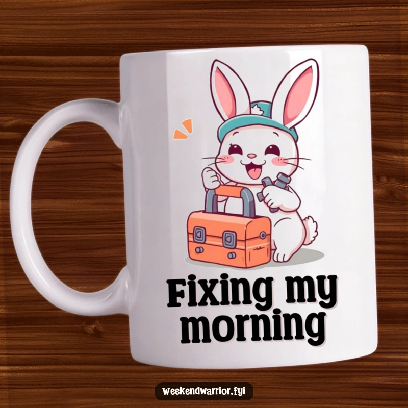 Funny mug: A playful rabbit mechanic with a toolbox gleefully tightens a loose bolt, showcasing its DIY skills with a smile.
