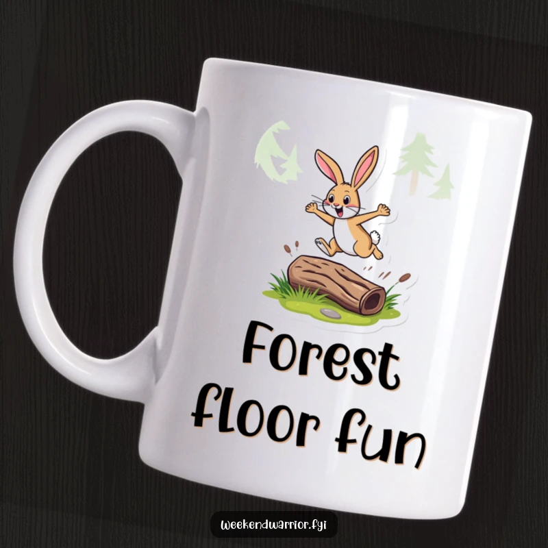 Funny mug depicting an energetic rabbit leaping over a log on a trail, full of life and playful movement.