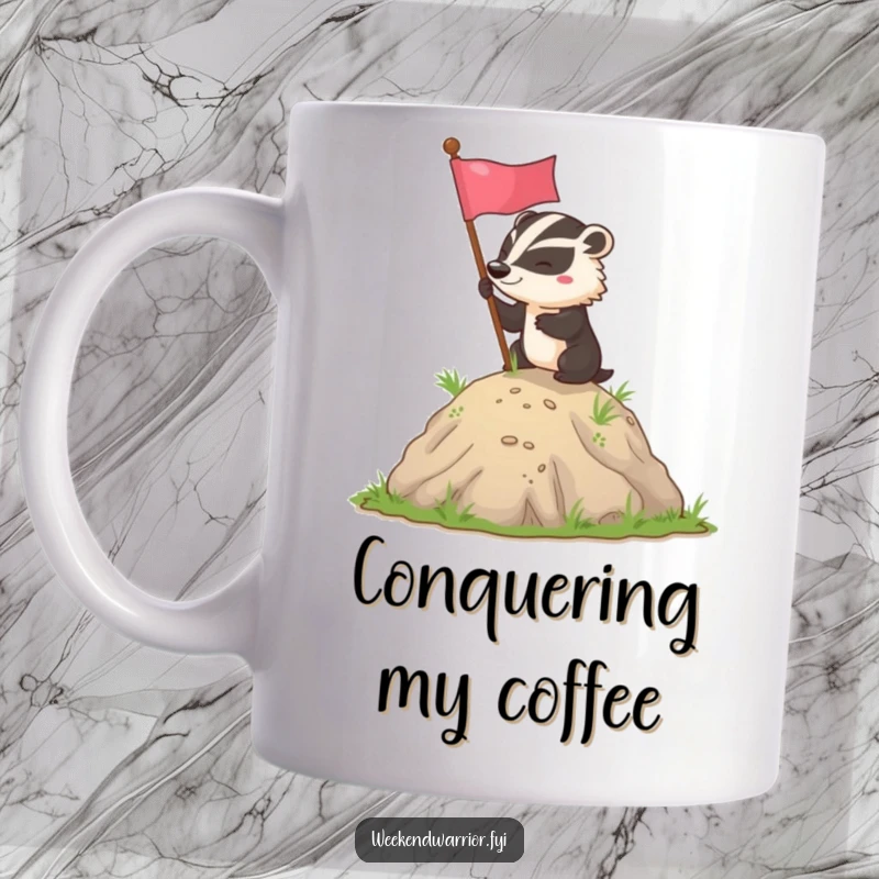Funny badger flag planting mug showing a determined badger triumphantly placing a flag on a small hill, representing success.