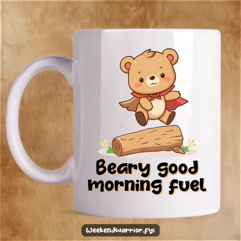 Funny mug showcasing a cute bear cub in a cape, heroically leaping over a minuscule log, full of playful bravery.