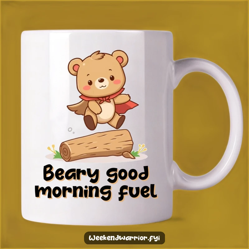 Funny Bear Cub Mug: Adorable Cape-Wearing Hero Leaping Over Logs, Funny Gift