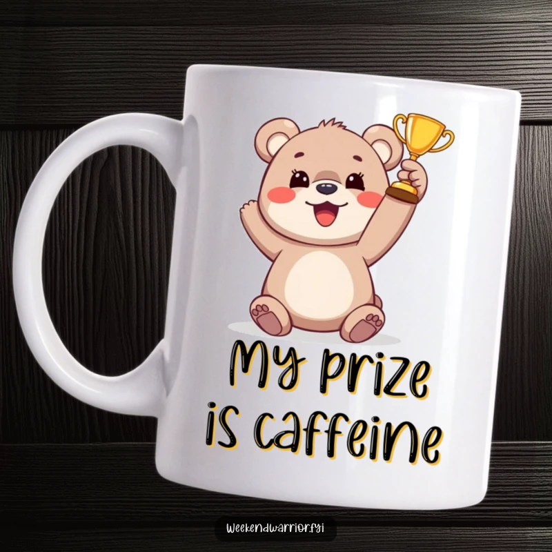 Funny bear cub mug showing a happy cub lifting a tiny trophy in victory, conveying pure joy and accomplishment.