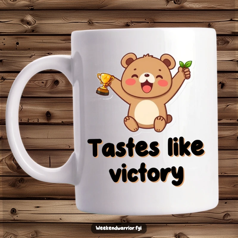 Funny mug showcasing a joyful bear cub character raising a small leaf as a trophy, celebrating a happy achievement.